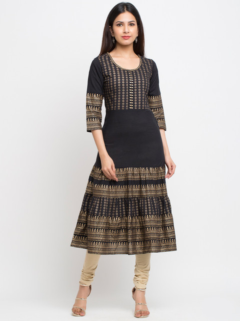 

YASH GALLERY Women Black & Gold-Toned Printed Anarkali Kurta
