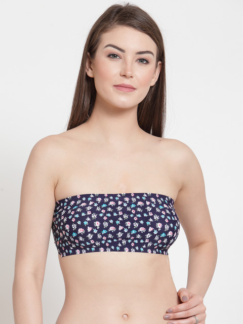 

Laceandme Navy Blue Floral Printed Non-Wired Lightly Padded Bandeau Bra 4439