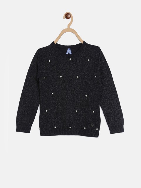 

Blue Giraffe Girls Black Solid Sweater With Pearls Embellishment
