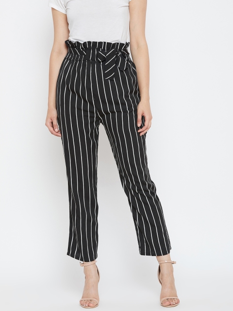 

PURYS Women Black & White Smart Tapered Fit Striped Peg Trousers