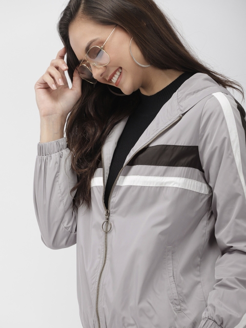 

Mast & Harbour Women Grey Striped Bomber Jacket