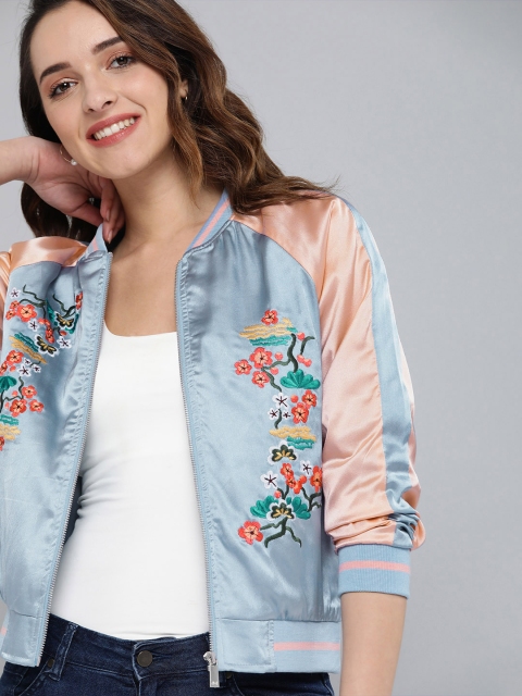 

Mast & Harbour Women Satin Finish Embroidered Varsity Jacket, Blue