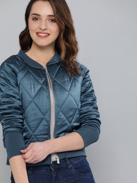

Mast & Harbour Women Solid Satin Finish Quilted Jacket Jacket, Blue