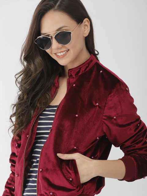 

Mast & Harbour Women Maroon Solid Bomber Jacket