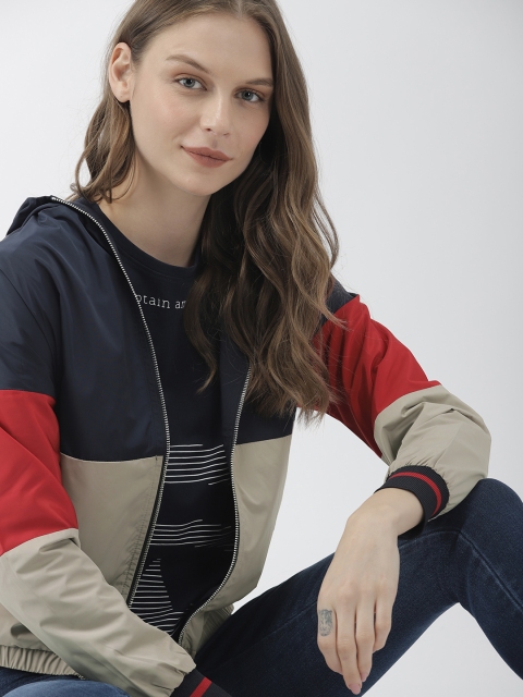 

Mast & Harbour Women Navy Blue & Beige Colourblocked Lightweight Hooded Bomber Jacket