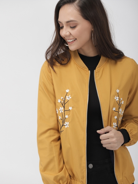 

Mast & Harbour Women Mustard Yellow Embroidered Bomber Jacket