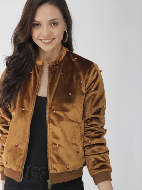 

Mast & Harbour Women Mustard Brown Solid Bomber Jacket
