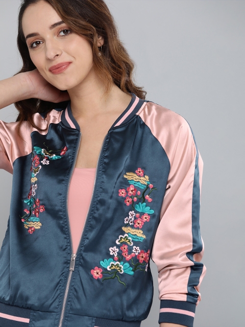 

Mast & Harbour Women Solid Satin Finish Embroidered Varsity Jacket, Blue