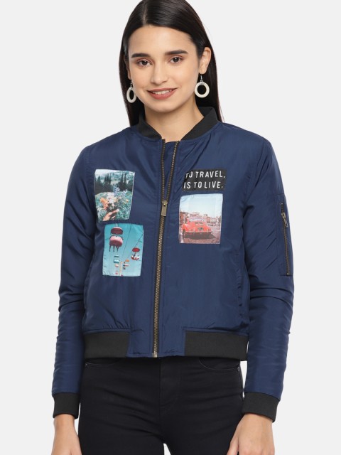 

Mast & Harbour Women Navy Blue Printed Bomber
