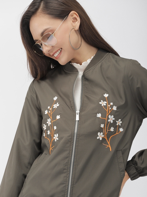 

Mast & Harbour Women Grey Embroidered Bomber Jacket