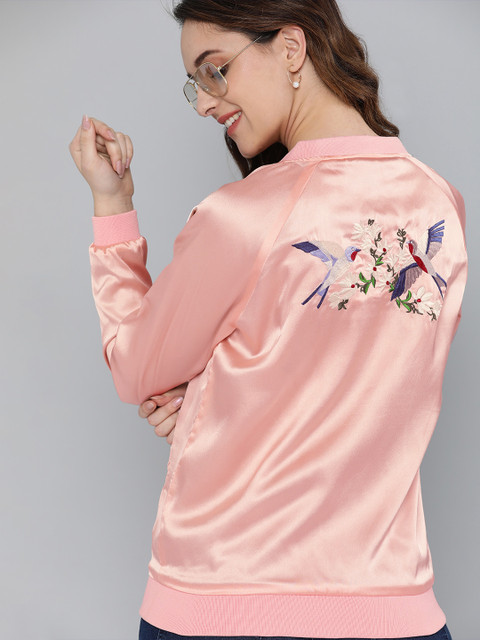 

Mast & Harbour Women Embroidered Satin Finish Bomber Jacket, Peach