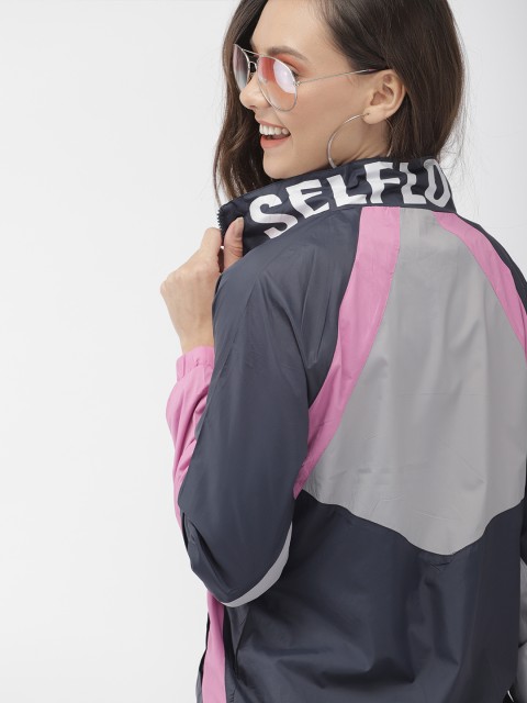 

Mast & Harbour Women Navy Blue Colourblocked Bomber Jacket