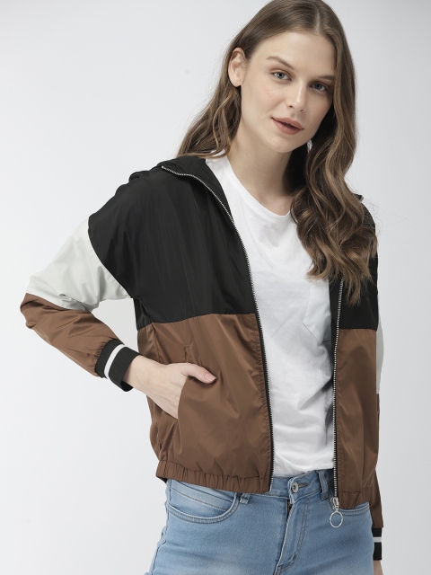 

Mast & Harbour Women Black & Brown Colourblocked Lightweight Hooded Bomber Jacket