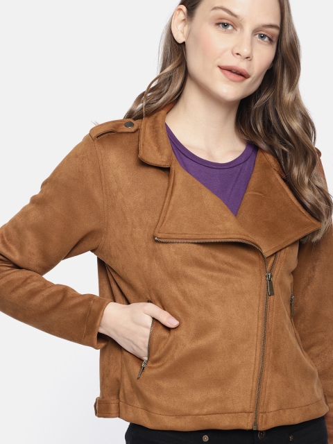 

Mast & Harbour Women Tan Brown Solid Suede Biker Jacket