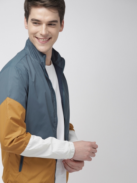

Mast & Harbour Men Blue & Mustard Yellow Colourblocked Sporty Jacket