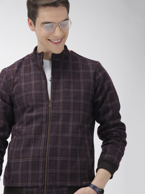 

Mast & Harbour Men Burgundy & Blue Checked Bomber Jacket
