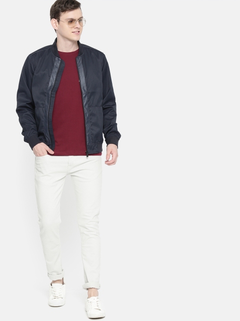

Mast & Harbour Men Navy Blue Self Design Bomber Jacket