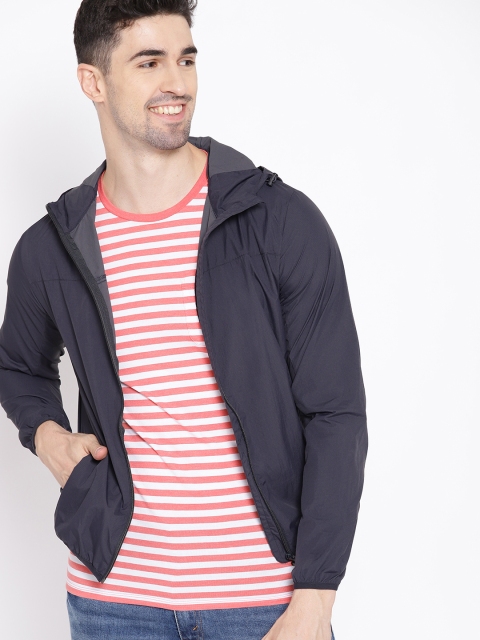 

Mast & Harbour Men Navy Blue Solid Hooded Lightweight Jacket