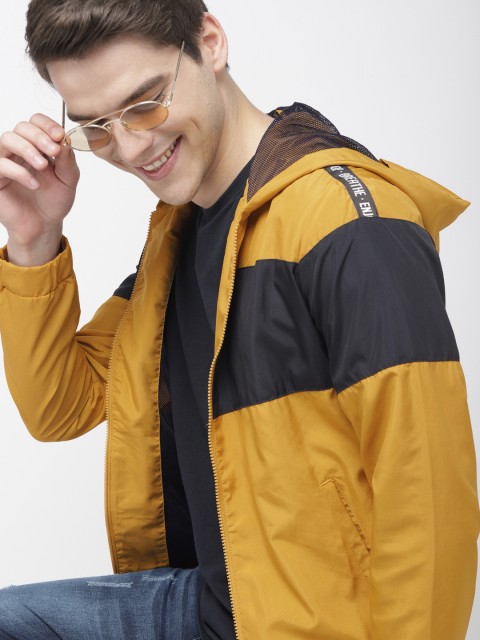 

Mast & Harbour Men Mustard Yellow & Navy Blue Colourblocked Hooded Sporty Jacket