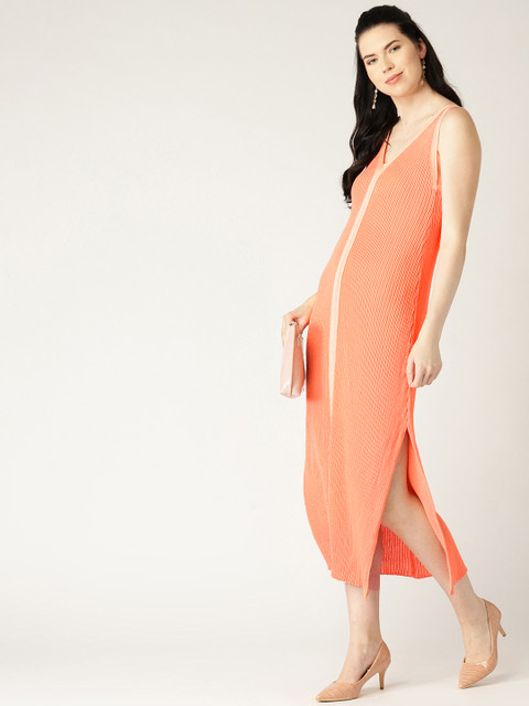 

MANGO Women Coral Orange Self-Striped A-Line Dress