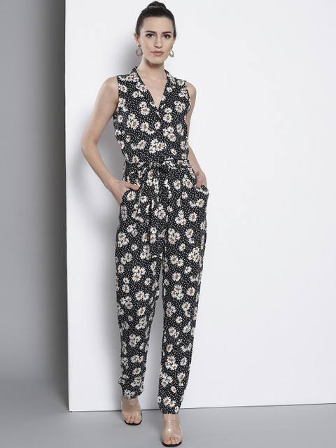 

DOROTHY PERKINS Women Black & White Floral Print Basic Jumpsuit