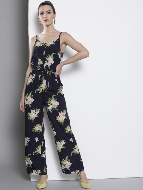 

DOROTHY PERKINS Navy Blue & Yellow Floral Print Basic Jumpsuit