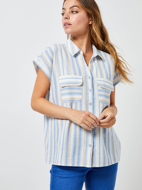 

DOROTHY PERKINS Women Petite White & Blue Regular Fit Striped Casual Shirt