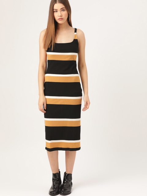 

MANGO Black & Mustard Yellow Variegated Stripe Ribbed Knit Midi