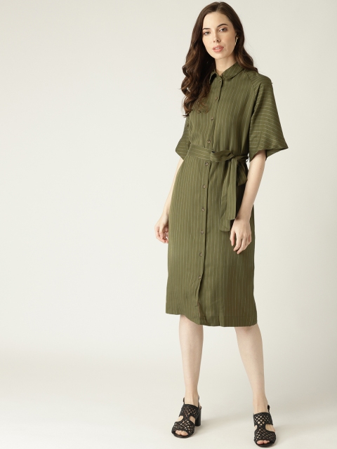 

MANGO Women Olive Green Striped Midi Shirt Dress