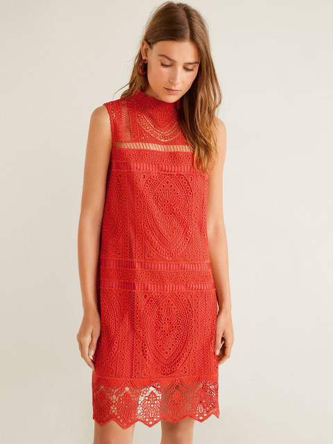 

MANGO Women Orange Self Design A-Line Dress