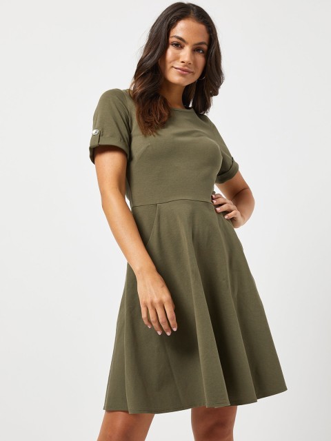 

DOROTHY PERKINS Women Petite Olive Green Solid Fit and Flare Dress