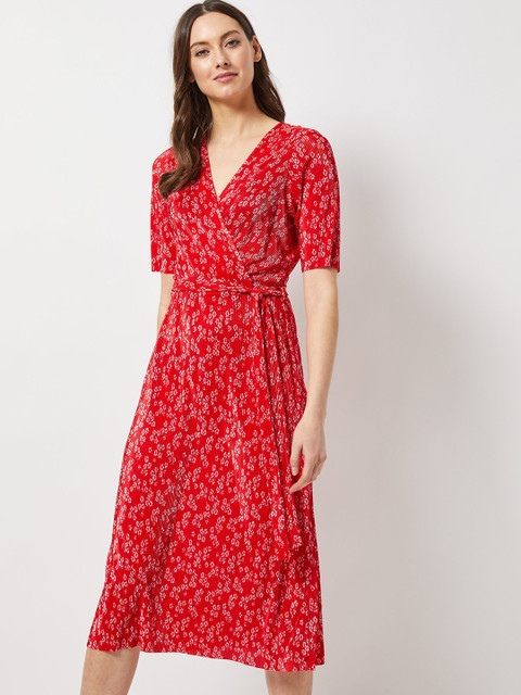

DOROTHY PERKINS Women Red & White Floral Print Accordion Pleat Wrap Dress
