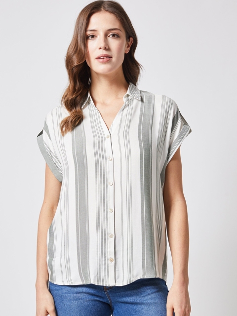 

DOROTHY PERKINS Women White & Olive Green Regular Fit Striped Casual Shirt