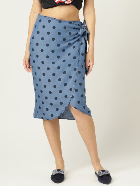 

MANGO Women Blue Pola Dots Print Chambray Midi Wrap Skirt