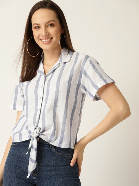 

MANGO Women White & Blue Regular Fit Striped Casual Shirt