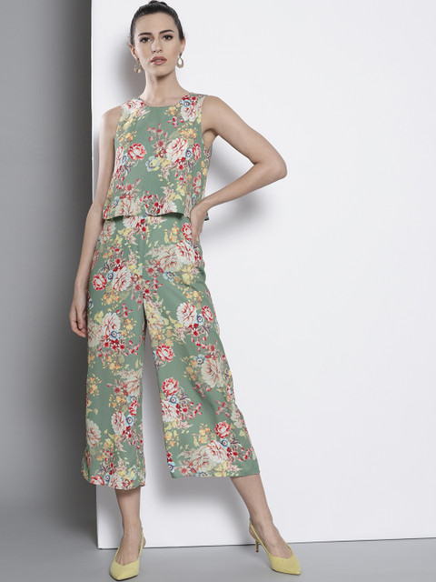

DOROTHY PERKINS Women Olive Green & Off-White Floral Print Layered Culotte Jumpsuit