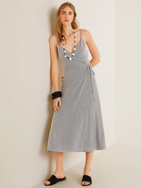 

MANGO Women White & Black Striped Wrap Dress