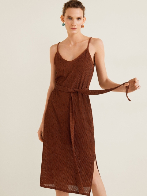 

MANGO Women Brown & Black Self-Striped A-Line Dress