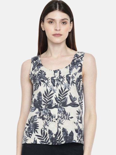 

MANGO Women Beige & Navy Blue Printed A-Line Top