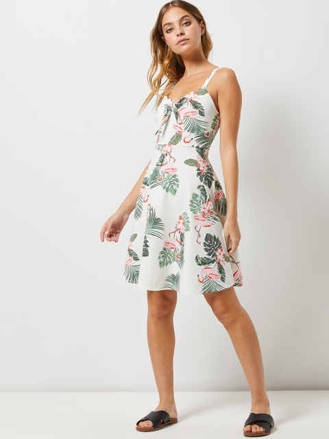 

DOROTHY PERKINS Women White & Green Printed Fit and Flare Dress