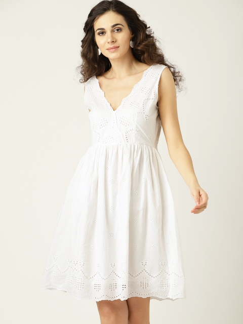 

MANGO Women White Schiffli Embroidered A-Line Dress