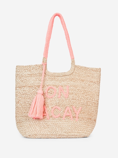 

DOROTHY PERKINS Beige & Pink Jute Embroidered Tote Bag with Tasselled Detail