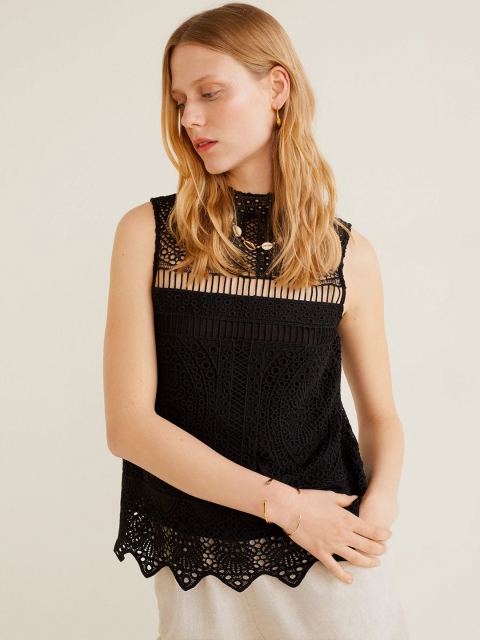

MANGO Women Black Self Design Top