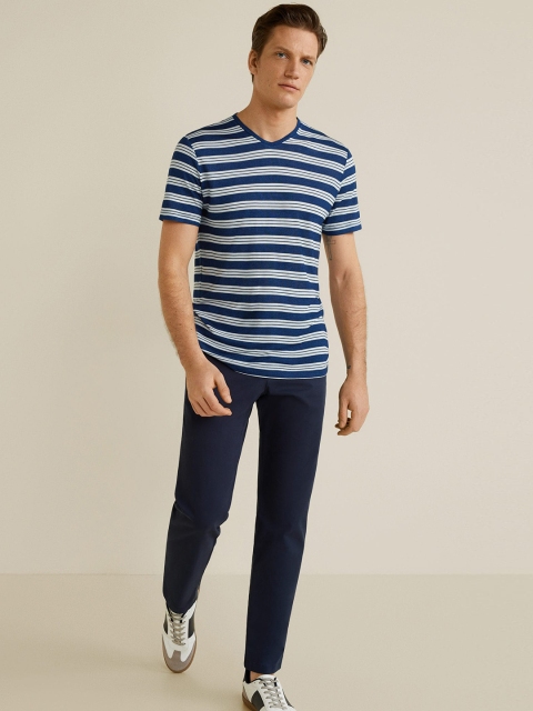

MANGO MAN Navy Blue Striped V-Neck T-shirt