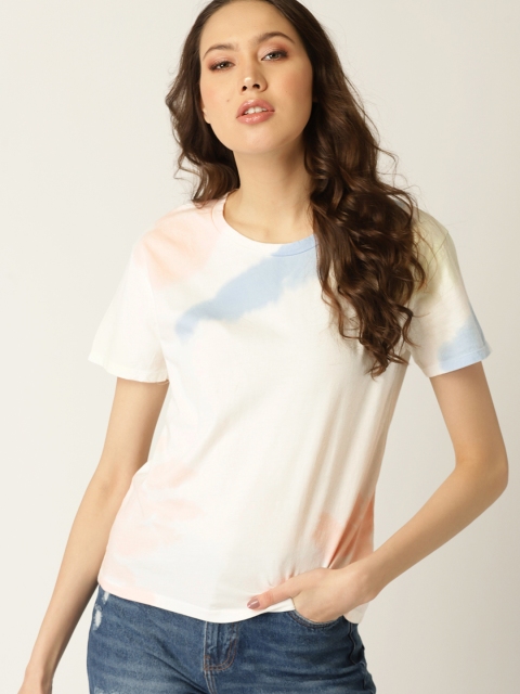 

MANGO Women White Blue Dyed Round Neck Pure Cotton T-shirt