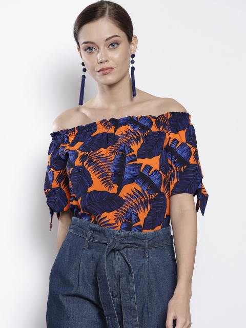 

DOROTHY PERKINS Women Navy Blue & Orange Printed Bardot Top