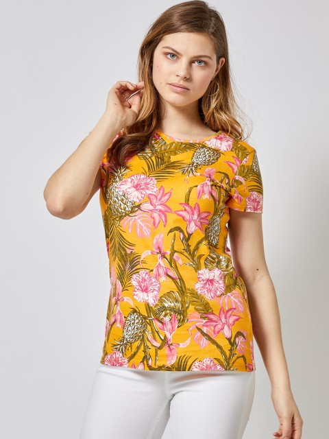 

DOROTHY PERKINS Women Yellow Floral Print Round Neck T-shirt