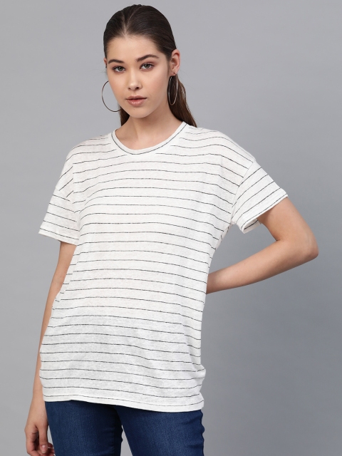 

MANGO Women White & Black Linen Striped Round Neck T-shirt