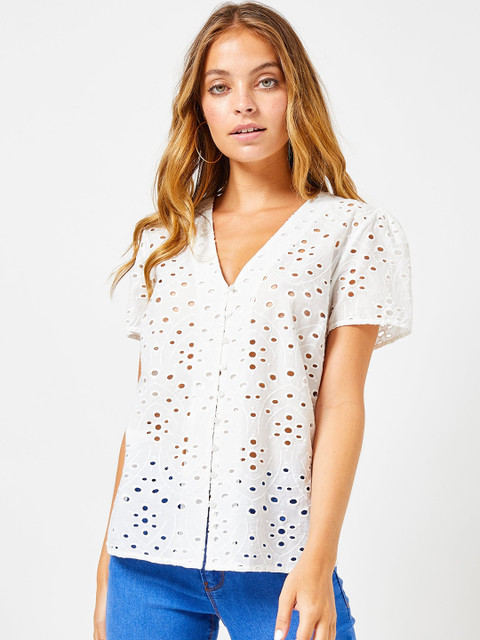 

DOROTHY PERKINS Women Petite White Semi-Sheer Schiffli Embroidered Top