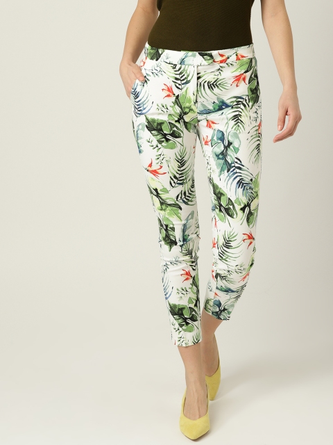 

MANGO Women White & Green Tropical Print Cropped Cigarette Trousers